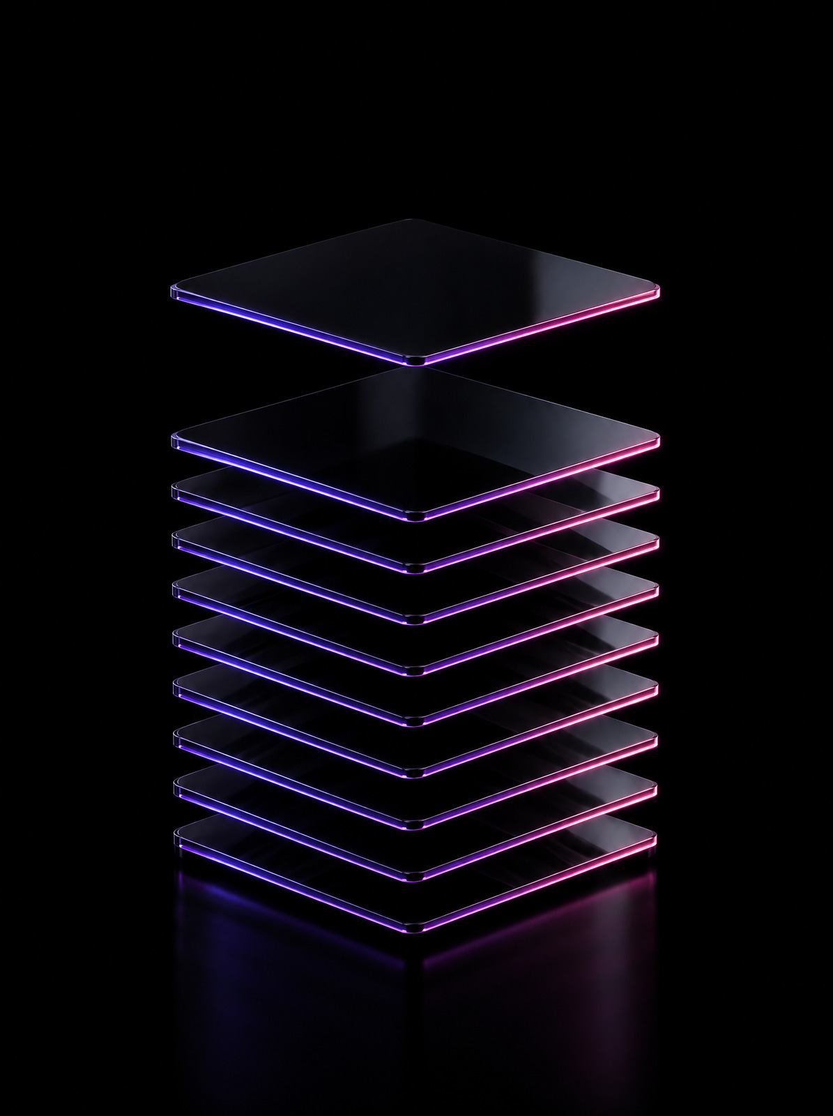 Black glass slabs stacked with precision, edges lit in violet and pink