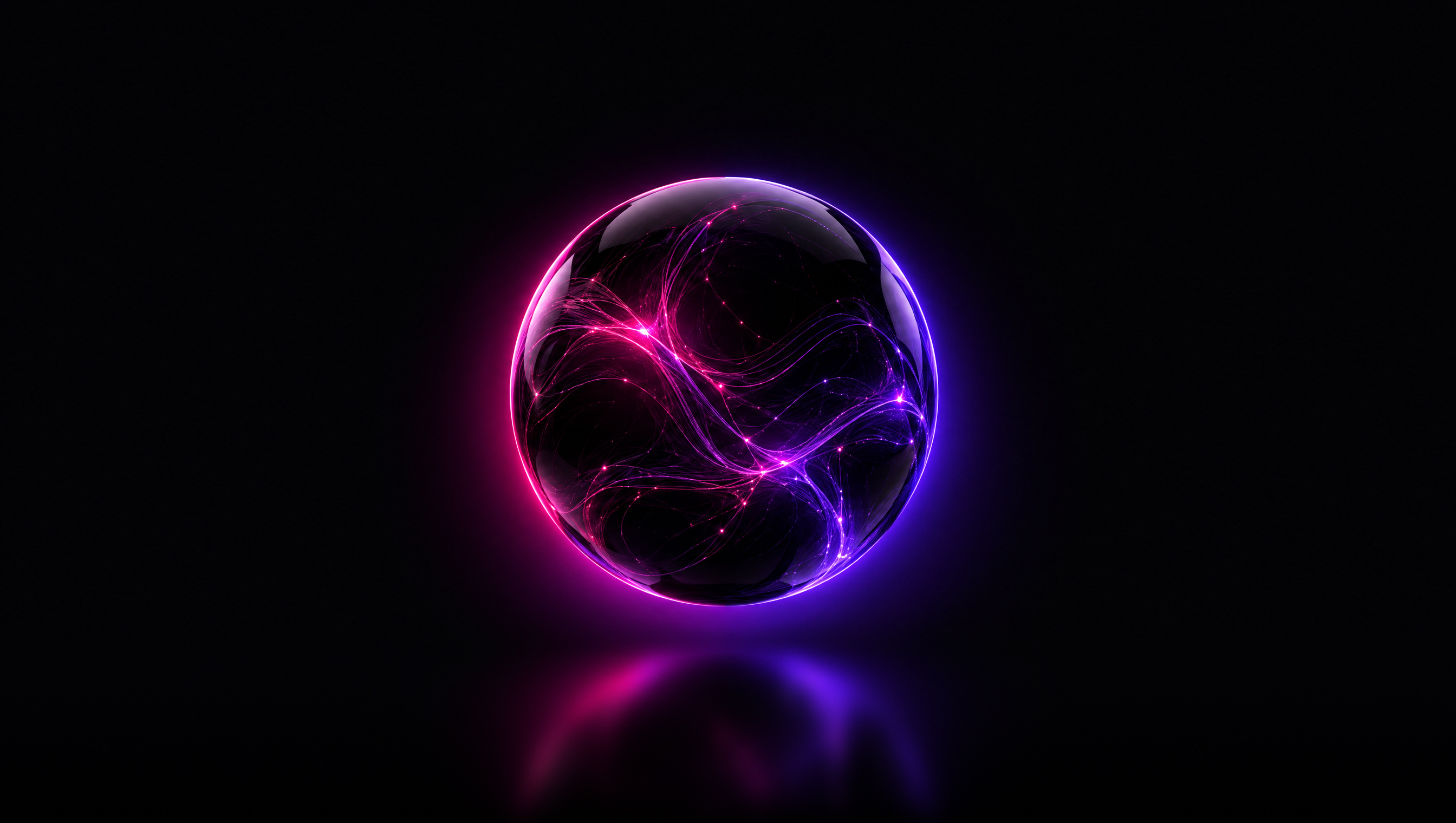 A black glass sphere with fine glowing pathways and a soft pink and violet glow